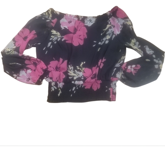charter club petite sheer floral off shoulder smocked blouse top 12 black pink - Picture 7 of 7